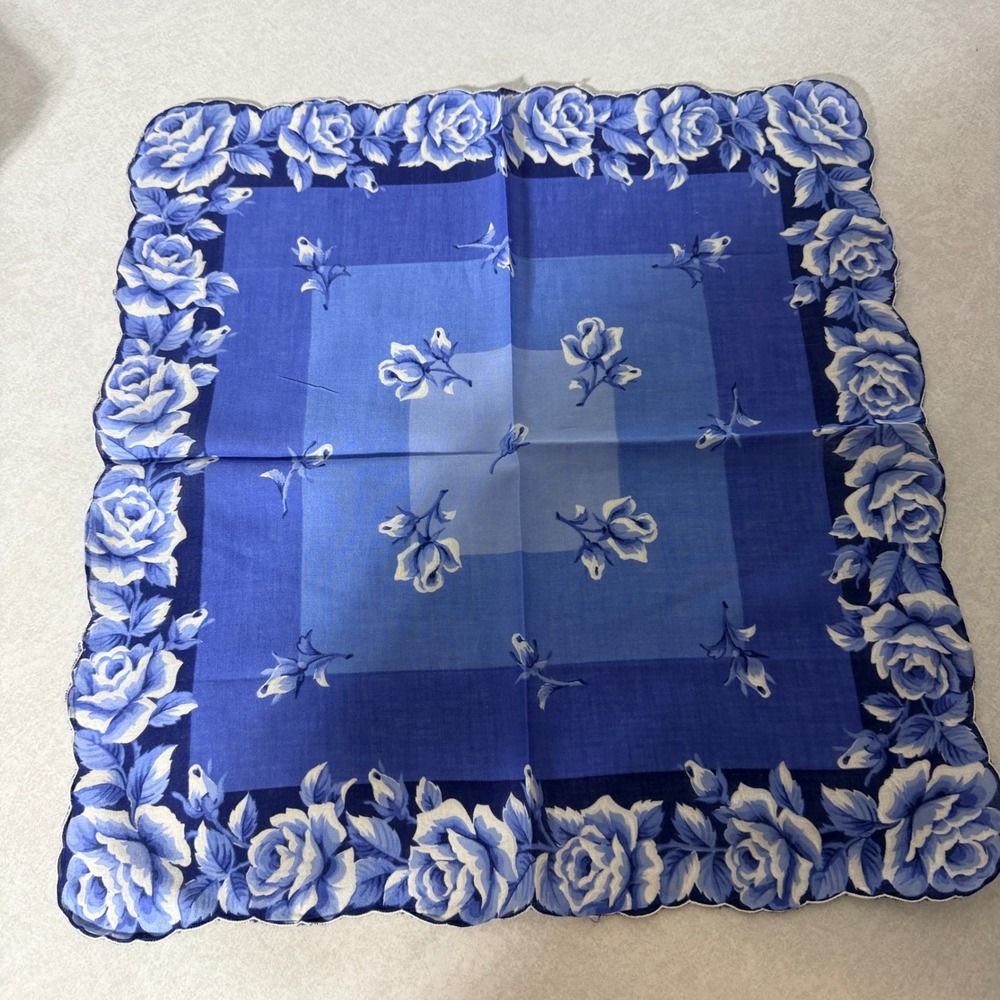 Vintage Blue Rose Floral Scalloped Edge Handkerchief Pocket Square 17.5 Inch